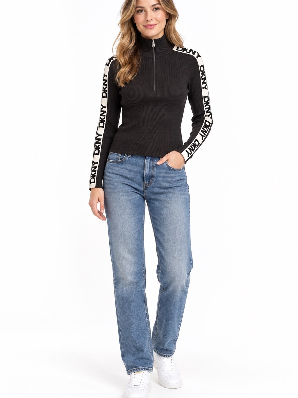 New w/tags DKNY Black Zip-Neck Ribbed Sweater with Logo Sleeve